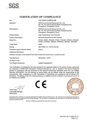 Cámara de alta temperatura 380 V - Certificación LVD